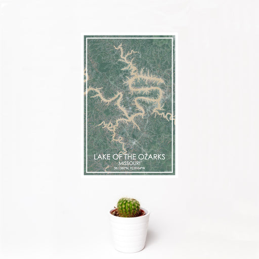 12x18 Lake of the Ozarks Missouri Map Print Portrait Orientation in Afternoon Style With Small Cactus Plant in White Planter