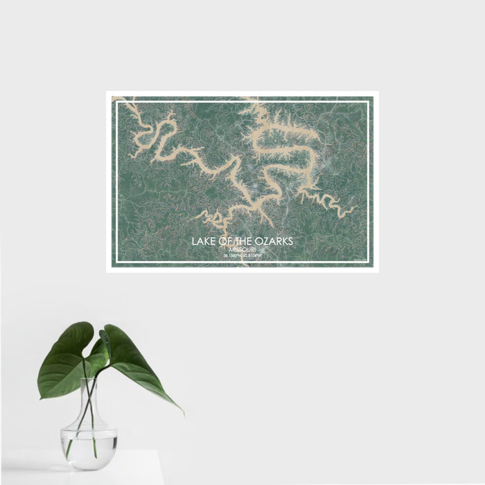 16x24 Lake of the Ozarks Missouri Map Print Landscape Orientation in Afternoon Style With Tropical Plant Leaves in Water