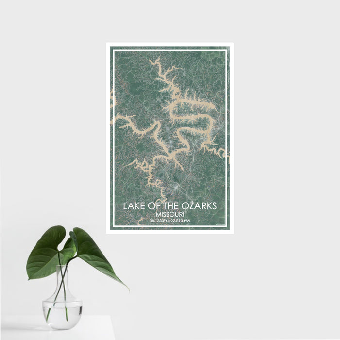 16x24 Lake of the Ozarks Missouri Map Print Portrait Orientation in Afternoon Style With Tropical Plant Leaves in Water