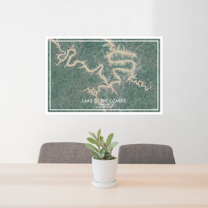 24x36 Lake of the Ozarks Missouri Map Print Lanscape Orientation in Afternoon Style Behind 2 Chairs Table and Potted Plant