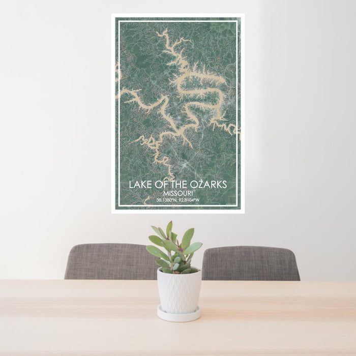 24x36 Lake of the Ozarks Missouri Map Print Portrait Orientation in Afternoon Style Behind 2 Chairs Table and Potted Plant
