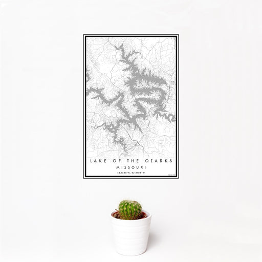 12x18 Lake of the Ozarks Missouri Map Print Portrait Orientation in Classic Style With Small Cactus Plant in White Planter