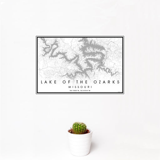 12x18 Lake of the Ozarks Missouri Map Print Landscape Orientation in Classic Style With Small Cactus Plant in White Planter