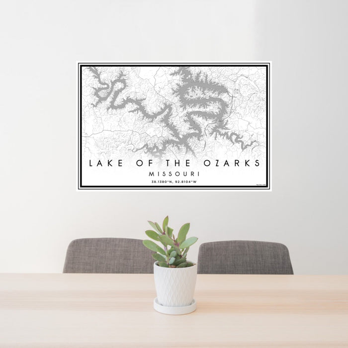 24x36 Lake of the Ozarks Missouri Map Print Landscape Orientation in Classic Style Behind 2 Chairs Table and Potted Plant