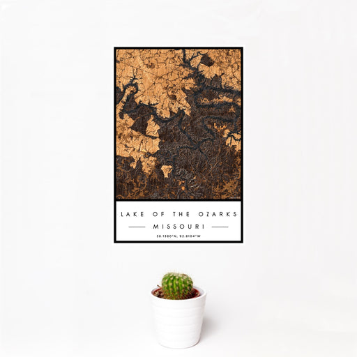 12x18 Lake of the Ozarks Missouri Map Print Portrait Orientation in Ember Style With Small Cactus Plant in White Planter