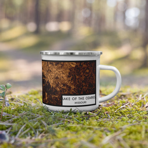 Right View Custom Lake of the Ozarks Missouri Map Enamel Mug in Ember on Grass With Trees in Background