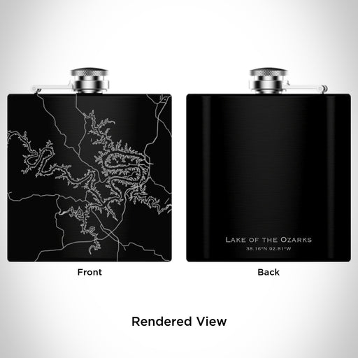 Rendered View of Lake of the Ozarks Missouri Map Engraving on 6oz Stainless Steel Flask in Black