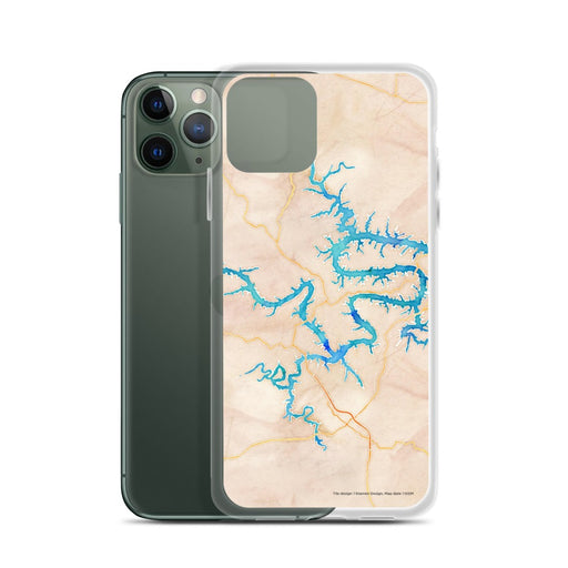 Custom Lake of the Ozarks Missouri Map Phone Case in Watercolor on Table with Laptop and Plant