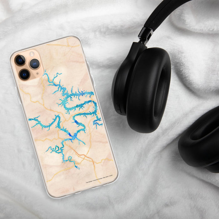 Custom Lake of the Ozarks Missouri Map Phone Case in Watercolor on Table with Black Headphones