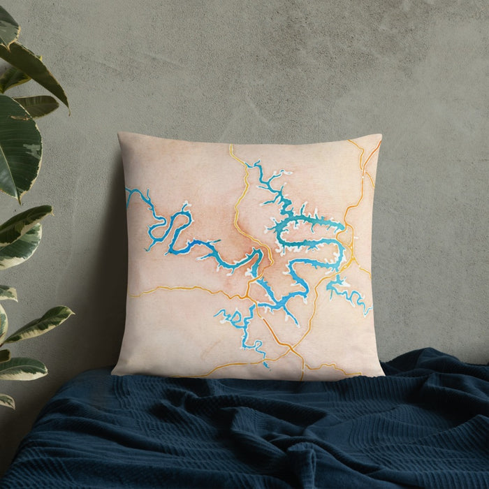 Custom Lake of the Ozarks Missouri Map Throw Pillow in Watercolor on Bedding Against Wall