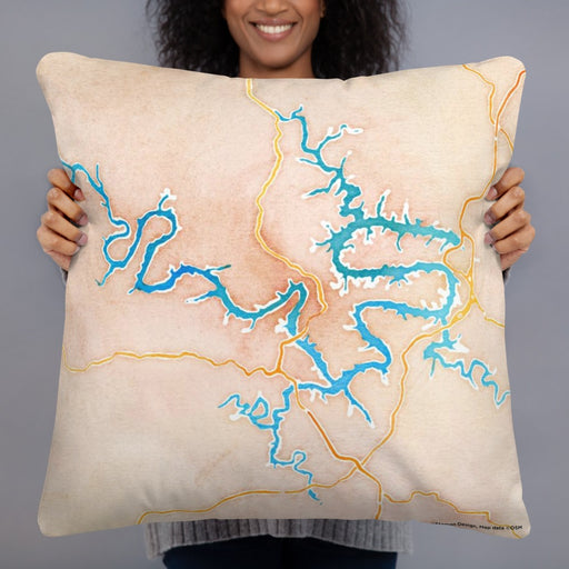 Person holding 22x22 Custom Lake of the Ozarks Missouri Map Throw Pillow in Watercolor