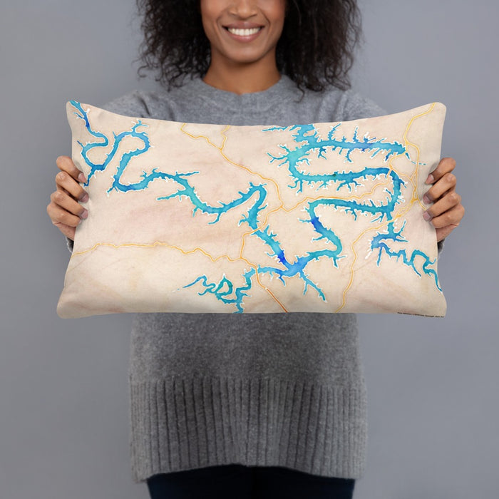 Person holding 20x12 Custom Lake of the Ozarks Missouri Map Throw Pillow in Watercolor