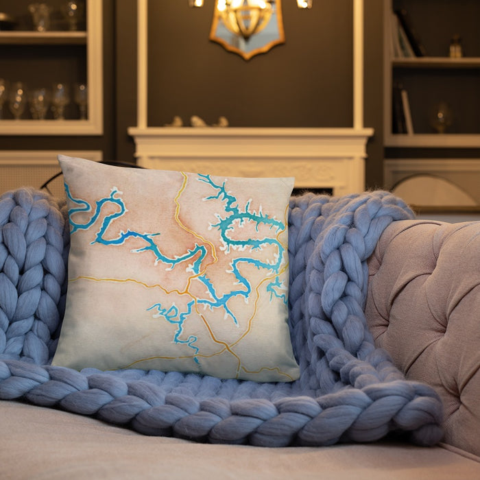 Custom Lake of the Ozarks Missouri Map Throw Pillow in Watercolor on Cream Colored Couch