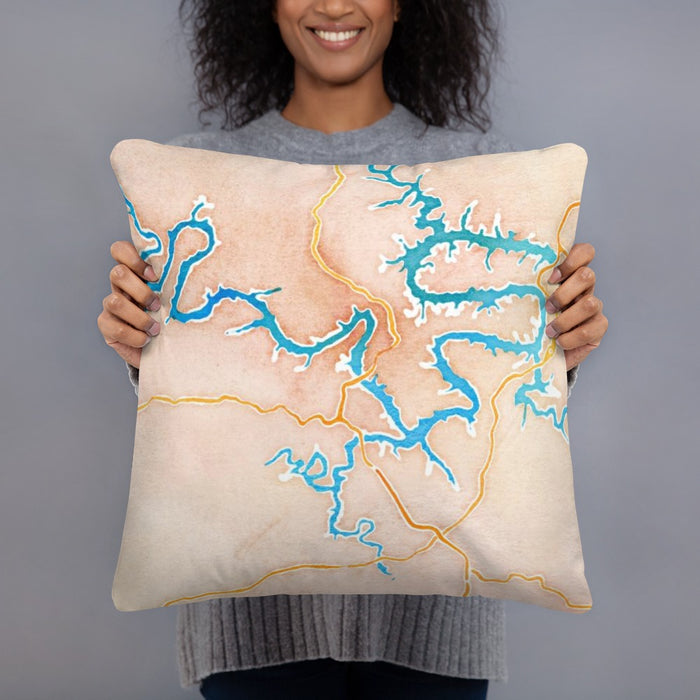Person holding 18x18 Custom Lake of the Ozarks Missouri Map Throw Pillow in Watercolor