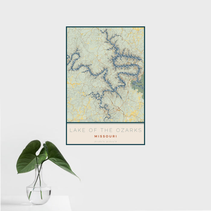 16x24 Lake of the Ozarks Missouri Map Print Portrait Orientation in Woodblock Style With Tropical Plant Leaves in Water
