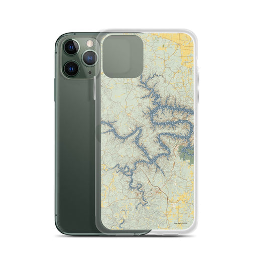 Custom Lake of the Ozarks Missouri Map Phone Case in Woodblock on Table with Laptop and Plant