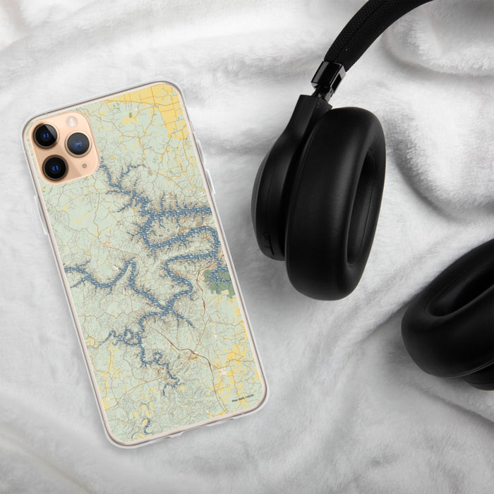 Custom Lake of the Ozarks Missouri Map Phone Case in Woodblock on Table with Black Headphones