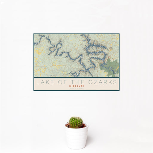 12x18 Lake of the Ozarks Missouri Map Print Landscape Orientation in Woodblock Style With Small Cactus Plant in White Planter