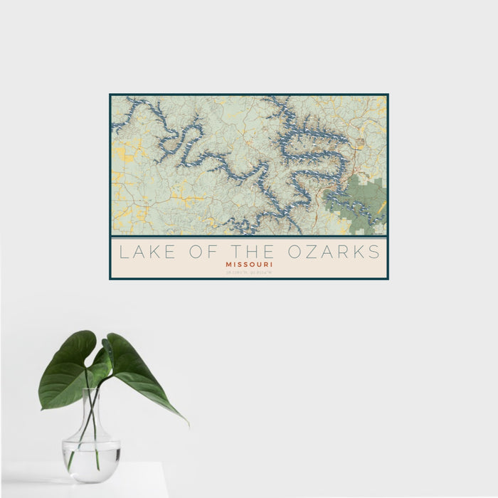 16x24 Lake of the Ozarks Missouri Map Print Landscape Orientation in Woodblock Style With Tropical Plant Leaves in Water
