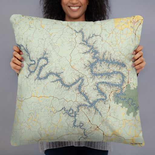 Person holding 22x22 Custom Lake of the Ozarks Missouri Map Throw Pillow in Woodblock