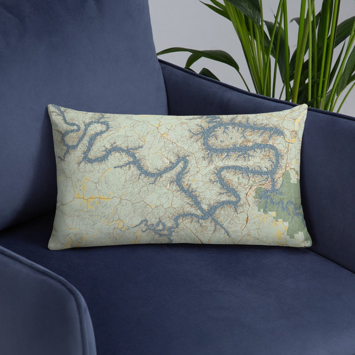 Custom Lake of the Ozarks Missouri Map Throw Pillow in Woodblock on Blue Colored Chair