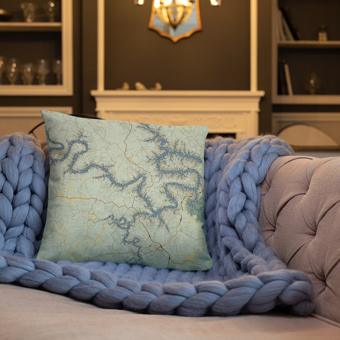 Custom Lake of the Ozarks Missouri Map Throw Pillow in Woodblock on Cream Colored Couch