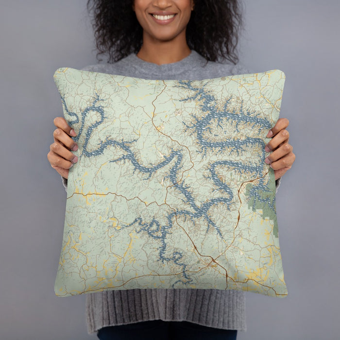Person holding 18x18 Custom Lake of the Ozarks Missouri Map Throw Pillow in Woodblock