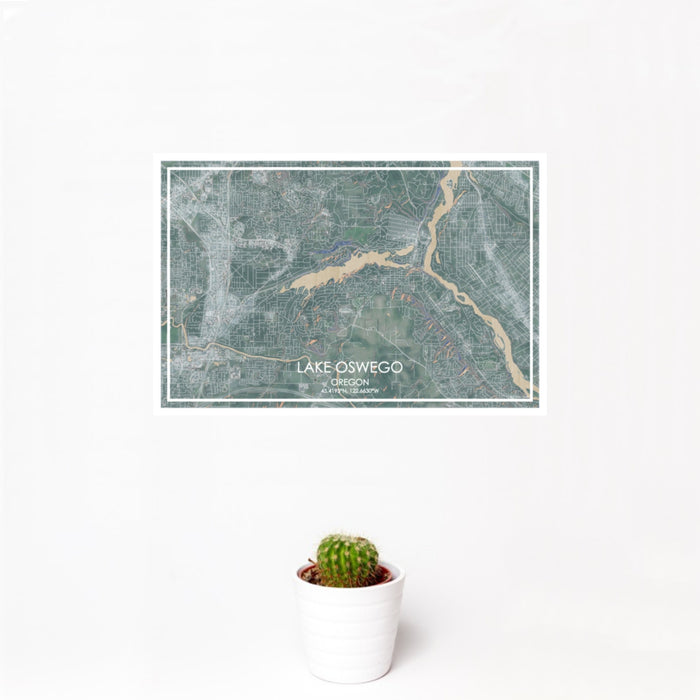 12x18 Lake Oswego Oregon Map Print Landscape Orientation in Afternoon Style With Small Cactus Plant in White Planter