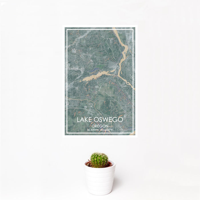 12x18 Lake Oswego Oregon Map Print Portrait Orientation in Afternoon Style With Small Cactus Plant in White Planter