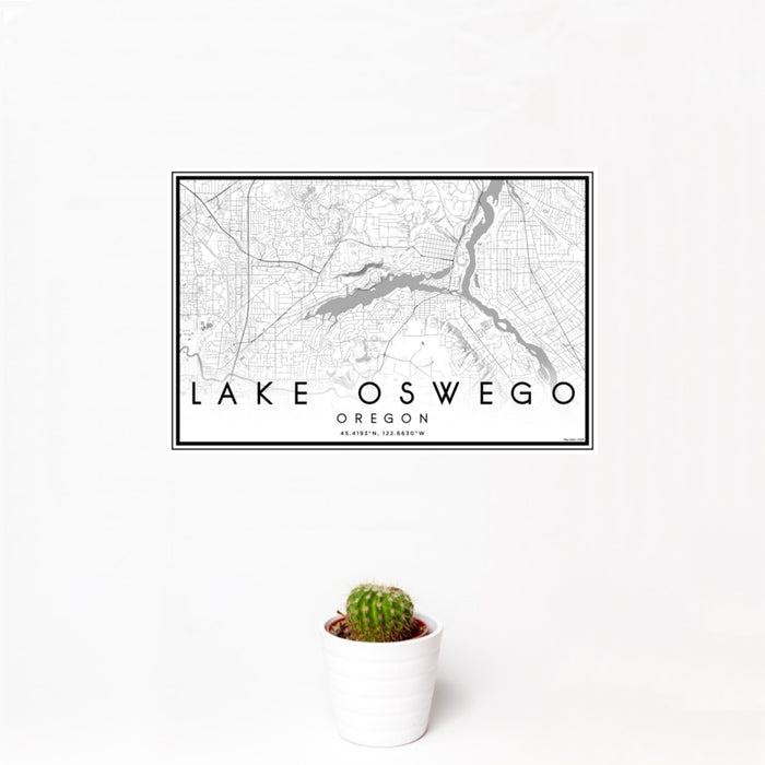 12x18 Lake Oswego Oregon Map Print Landscape Orientation in Classic Style With Small Cactus Plant in White Planter