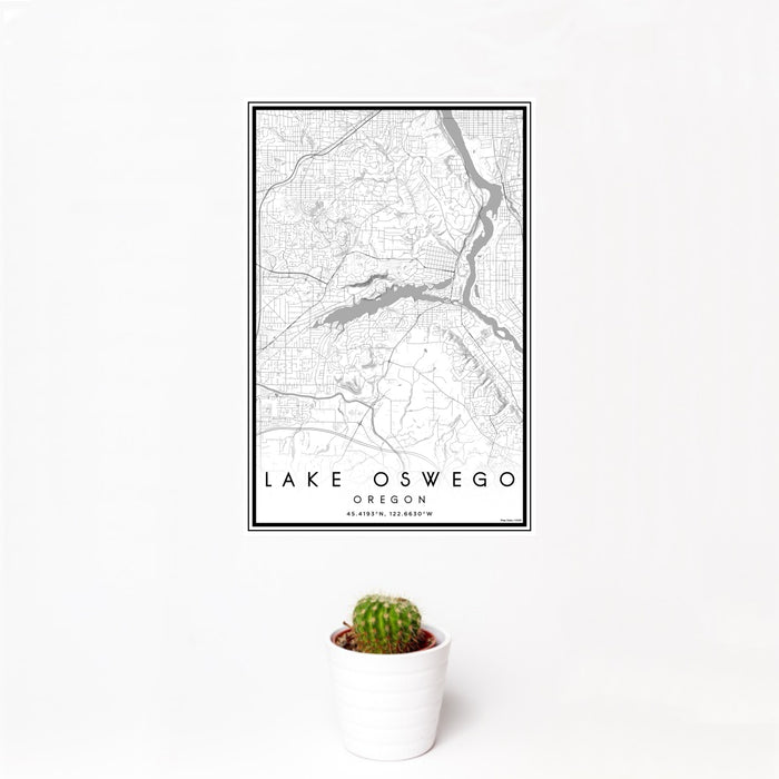 12x18 Lake Oswego Oregon Map Print Portrait Orientation in Classic Style With Small Cactus Plant in White Planter