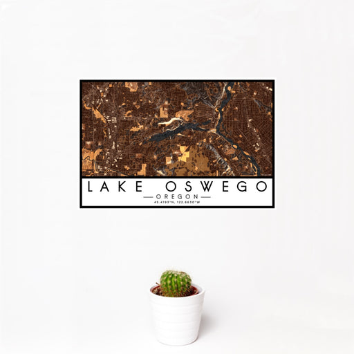 12x18 Lake Oswego Oregon Map Print Landscape Orientation in Ember Style With Small Cactus Plant in White Planter