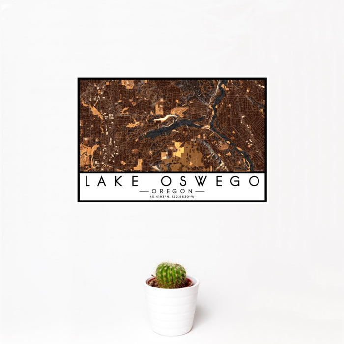 12x18 Lake Oswego Oregon Map Print Landscape Orientation in Ember Style With Small Cactus Plant in White Planter