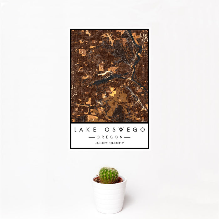 12x18 Lake Oswego Oregon Map Print Portrait Orientation in Ember Style With Small Cactus Plant in White Planter