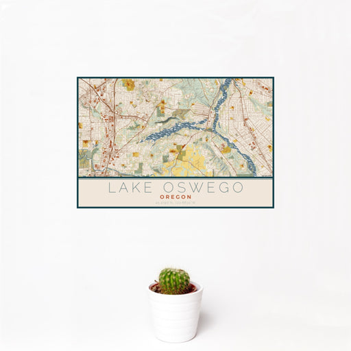 12x18 Lake Oswego Oregon Map Print Landscape Orientation in Woodblock Style With Small Cactus Plant in White Planter