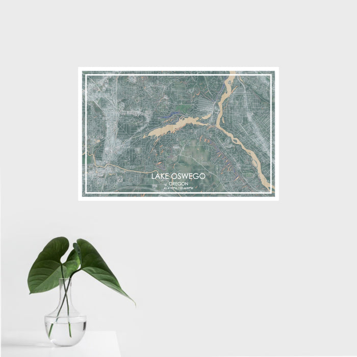 16x24 Lake Oswego Oregon Map Print Landscape Orientation in Afternoon Style With Tropical Plant Leaves in Water