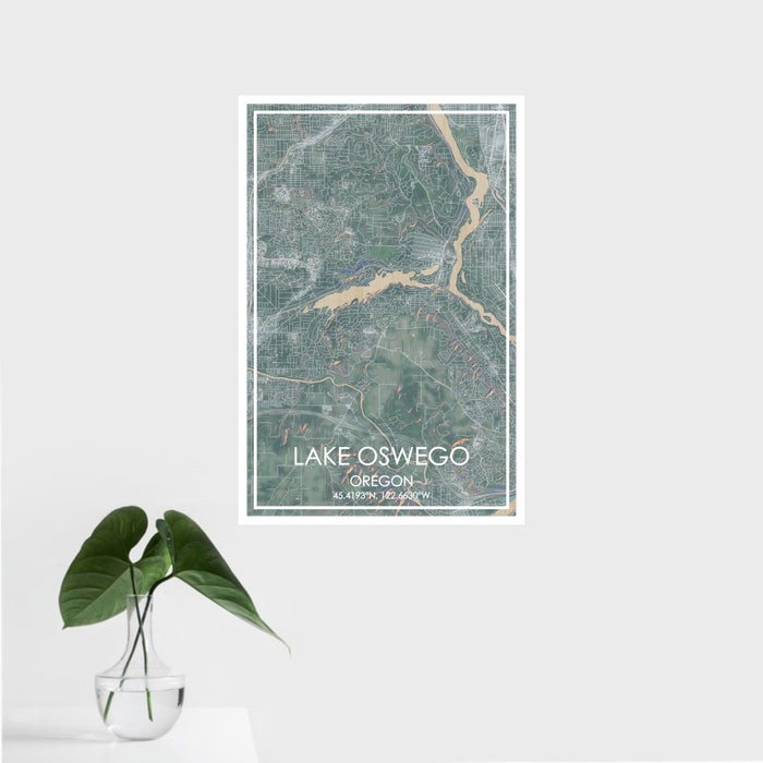 16x24 Lake Oswego Oregon Map Print Portrait Orientation in Afternoon Style With Tropical Plant Leaves in Water