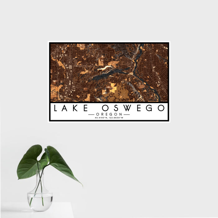 16x24 Lake Oswego Oregon Map Print Landscape Orientation in Ember Style With Tropical Plant Leaves in Water