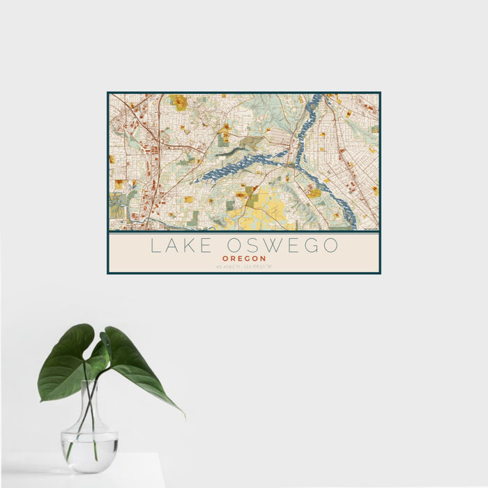 16x24 Lake Oswego Oregon Map Print Landscape Orientation in Woodblock Style With Tropical Plant Leaves in Water
