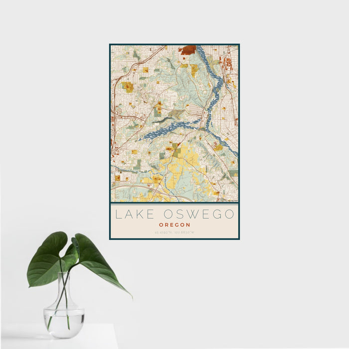 16x24 Lake Oswego Oregon Map Print Portrait Orientation in Woodblock Style With Tropical Plant Leaves in Water