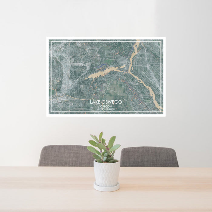 24x36 Lake Oswego Oregon Map Print Lanscape Orientation in Afternoon Style Behind 2 Chairs Table and Potted Plant