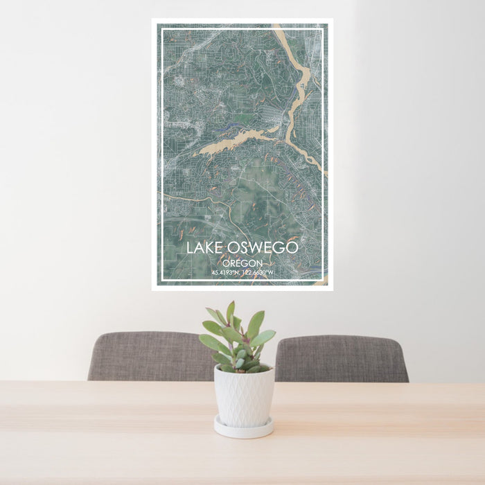 24x36 Lake Oswego Oregon Map Print Portrait Orientation in Afternoon Style Behind 2 Chairs Table and Potted Plant
