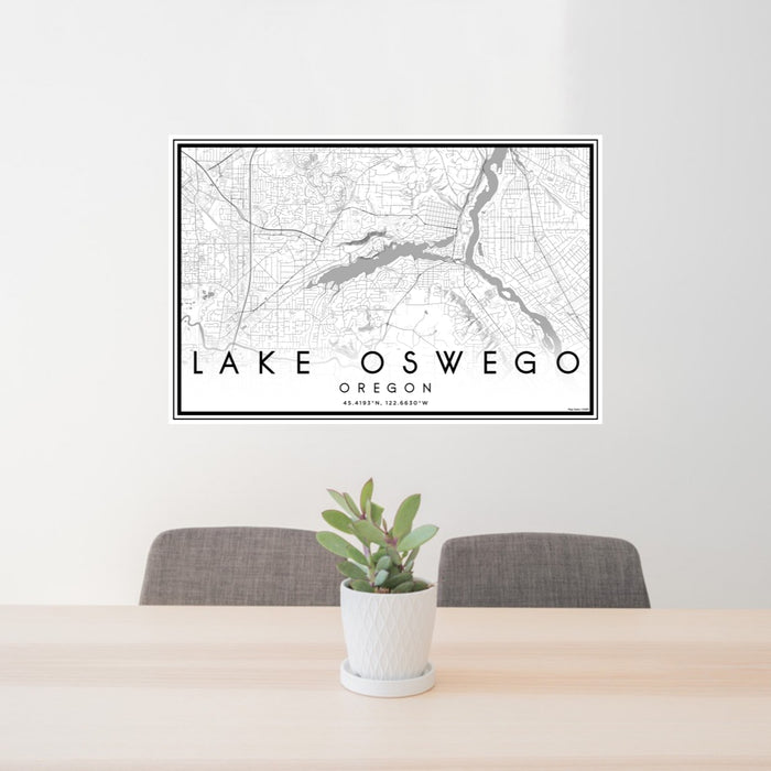 24x36 Lake Oswego Oregon Map Print Lanscape Orientation in Classic Style Behind 2 Chairs Table and Potted Plant