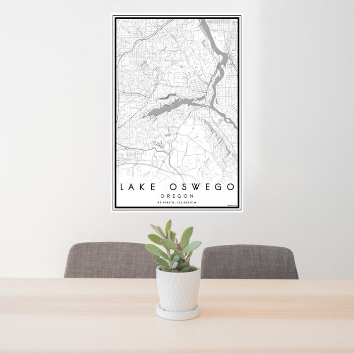 24x36 Lake Oswego Oregon Map Print Portrait Orientation in Classic Style Behind 2 Chairs Table and Potted Plant