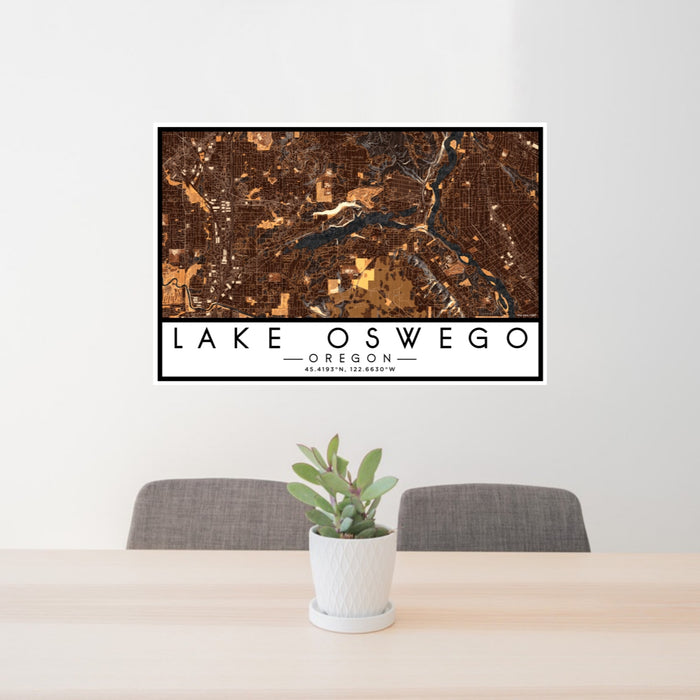 24x36 Lake Oswego Oregon Map Print Lanscape Orientation in Ember Style Behind 2 Chairs Table and Potted Plant