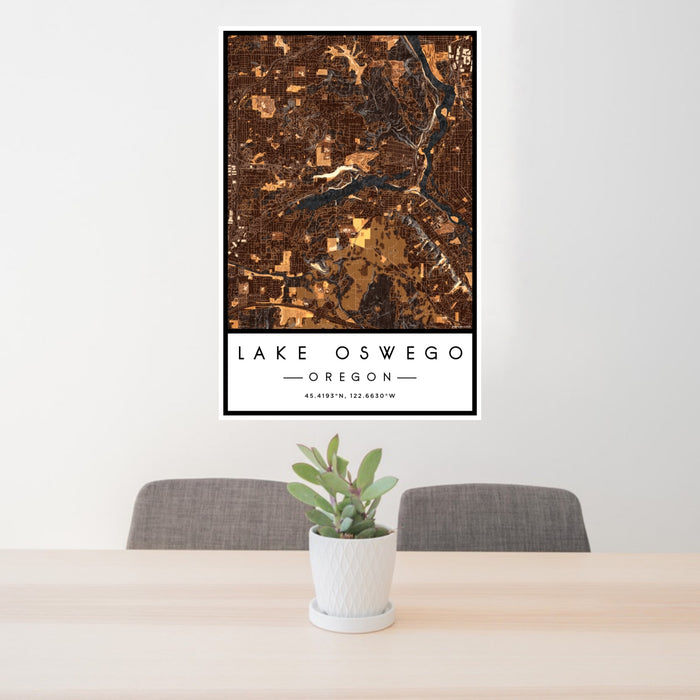 24x36 Lake Oswego Oregon Map Print Portrait Orientation in Ember Style Behind 2 Chairs Table and Potted Plant