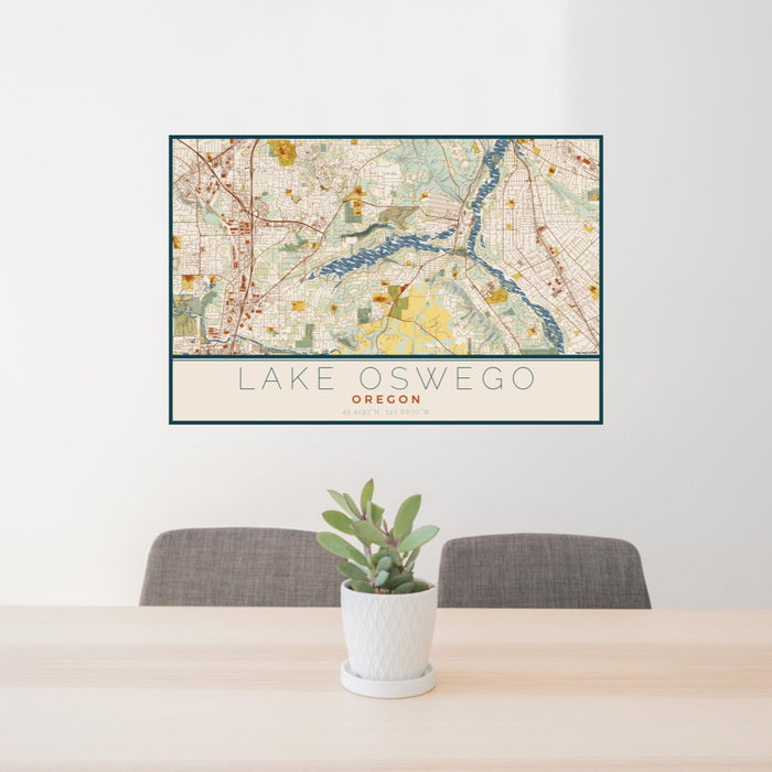 24x36 Lake Oswego Oregon Map Print Lanscape Orientation in Woodblock Style Behind 2 Chairs Table and Potted Plant