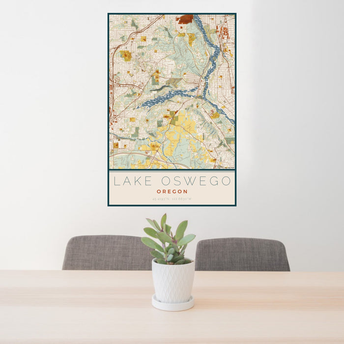24x36 Lake Oswego Oregon Map Print Portrait Orientation in Woodblock Style Behind 2 Chairs Table and Potted Plant