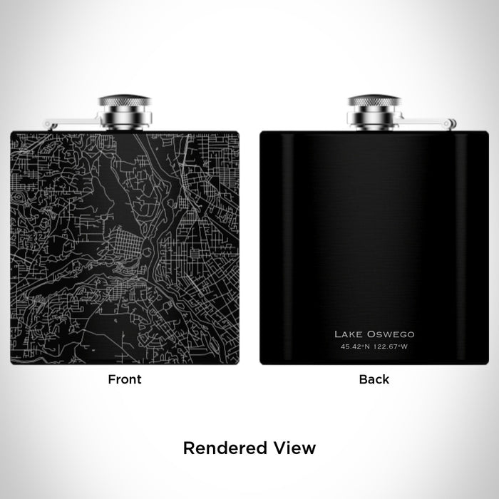 Rendered View of Lake Oswego Oregon Map Engraving on 6oz Stainless Steel Flask in Black
