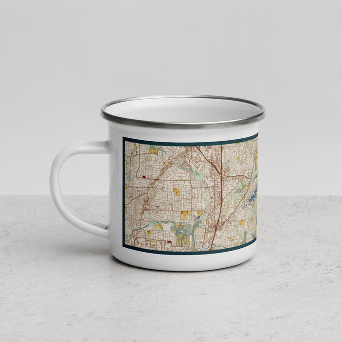 Left View Custom Lake Oswego Oregon Map Enamel Mug in Woodblock